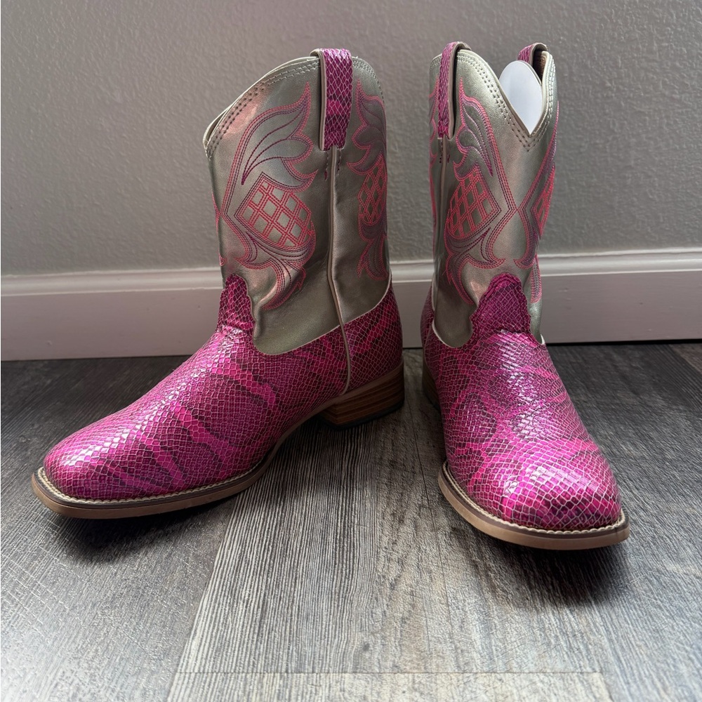 Justin Boots Girls Pink Snake Print Silver Metallic 382JR Size US 6 D Leather